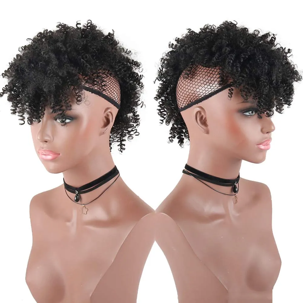 Aisaide High Puff Afro Mohawk Ponytail with Bangs No Drawstring,Short Kinky Curly No Drawstring Ponytail Extension,Synthetic Clip in Mohawk Ponytail Bun with Bangs,Wrap Updo Clip in Hair Extensions