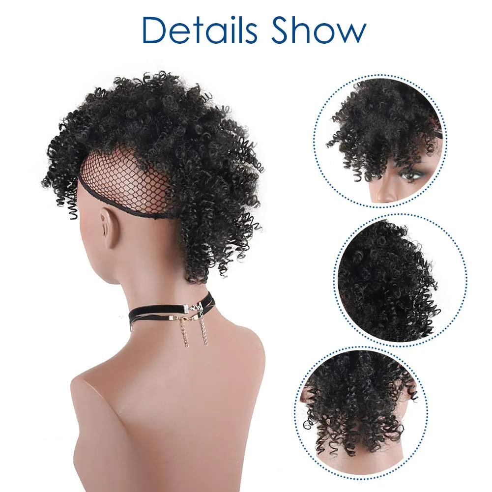 Aisaide High Puff Afro Mohawk Ponytail with Bangs No Drawstring,Short Kinky Curly No Drawstring Ponytail Extension,Synthetic Clip in Mohawk Ponytail Bun with Bangs,Wrap Updo Clip in Hair Extensions