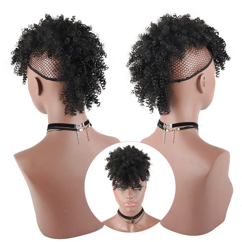 Aisaide High Puff Afro Mohawk Ponytail with Bangs No Drawstring,Short Kinky Curly No Drawstring Ponytail Extension,Synthetic Clip in Mohawk Ponytail Bun with Bangs,Wrap Updo Clip in Hair Extensions