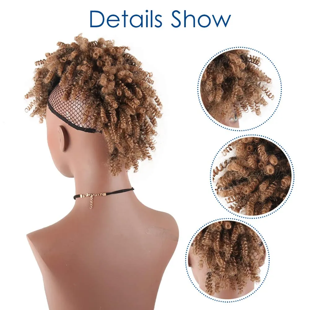 Aisaide High Puff Afro Ponytail Drawstring Short Brown Curly Ponytail Extension,Mohawk Kinky Synthetic Hair Bun with Bangs,Wrap Updo Clip in Hair Extensions with Six Clips and Two Comb(1B/27)