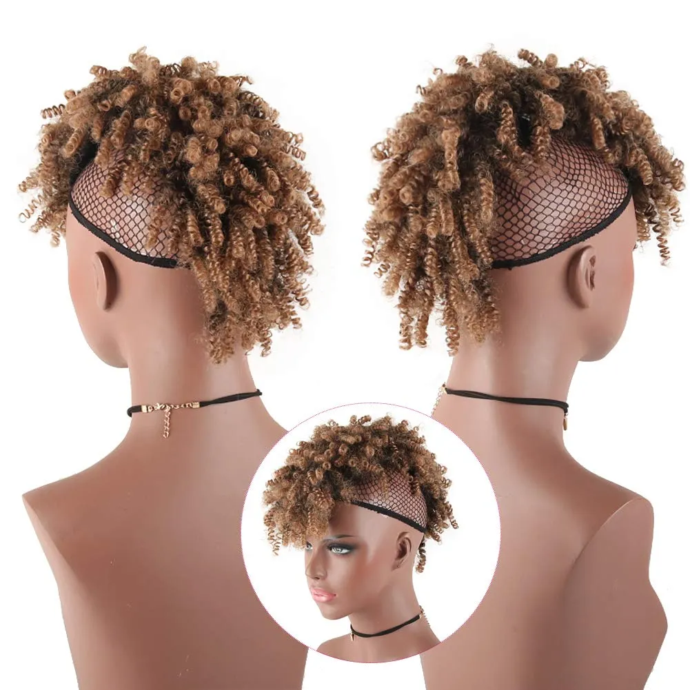 Aisaide High Puff Afro Ponytail Drawstring Short Brown Curly Ponytail Extension,Mohawk Kinky Synthetic Hair Bun with Bangs,Wrap Updo Clip in Hair Extensions with Six Clips and Two Comb(1B/27)