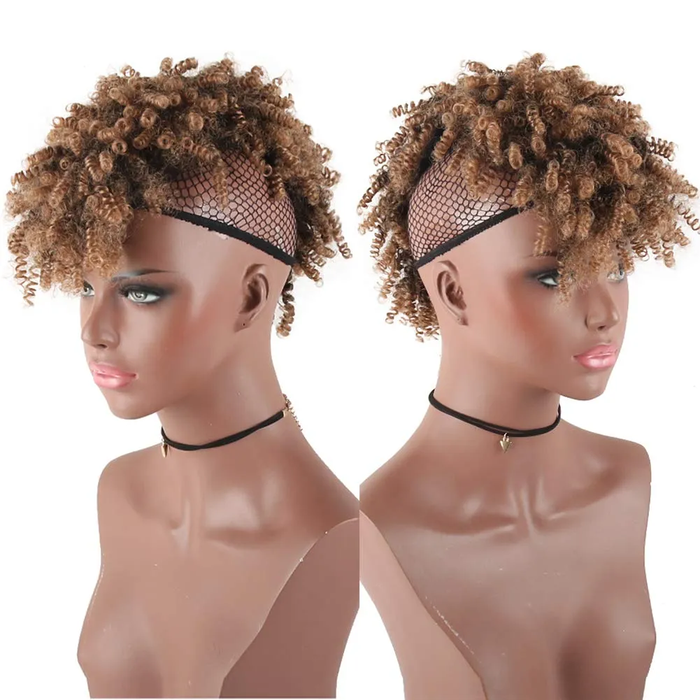 Aisaide High Puff Afro Ponytail Drawstring Short Brown Curly Ponytail Extension,Mohawk Kinky Synthetic Hair Bun with Bangs,Wrap Updo Clip in Hair Extensions with Six Clips and Two Comb(1B/27)