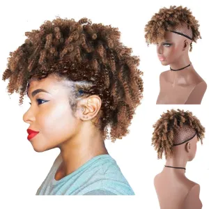 Aisaide High Puff Afro Ponytail Drawstring Short Brown Curly Ponytail Extension,Mohawk Kinky Synthetic Hair Bun with Bangs,Wrap Updo Clip in Hair Extensions with Six Clips and Two Comb(1B/27)