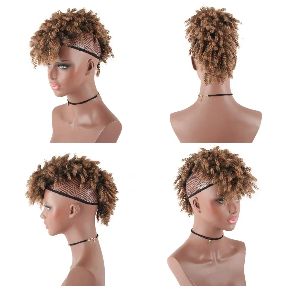 Aisaide High Puff Afro Ponytail Drawstring Short Brown Curly Ponytail Extension,Mohawk Kinky Synthetic Hair Bun with Bangs,Wrap Updo Clip in Hair Extensions with Six Clips and Two Comb(1B/27)