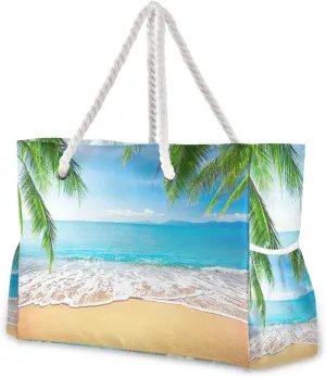 ALAZA Beach Bag, Sandy Summer Beach With Blur Sea Shoulder Beach Tote with Cotton Rope Handles