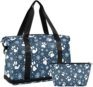 ALAZA Christmas Blue Snowflake Footprint Duffel Bag with Shoe Compartment Tote Bag Weekender Overnight Bag with Wet Pocket for Travel,Gym,Yoga,Swimming