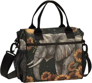 ALAZA Elephant Sunflowers Insulated Lunch Bag for Women Men,Reusable Cooler Tote Shoulder Bag for Picnic Camping Work Office Beach College