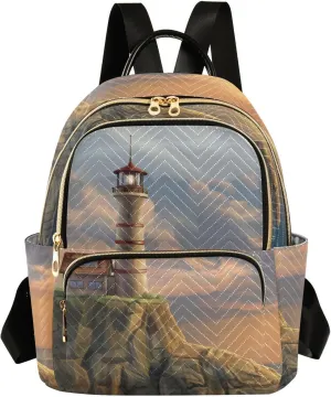 ALAZA Lighthouse on A Rocky Coastal Cliff at Sunset Women’s Backpack Purse Causal Daypack Work Travel Bag Shoulder Bag