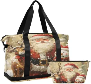 ALAZA Watercolor Reindeer Snowman Bell Christmas Duffel Bag with Shoe Compartment Tote Bag Weekender Overnight Bag with Wet Pocket for Travel,Gym,Yoga,Swimming