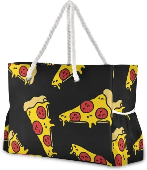 ALAZA Yellow Pizza Food Doodle Black Shoulder Tote Bags for Gym Travel Beach, Inner Pockets
