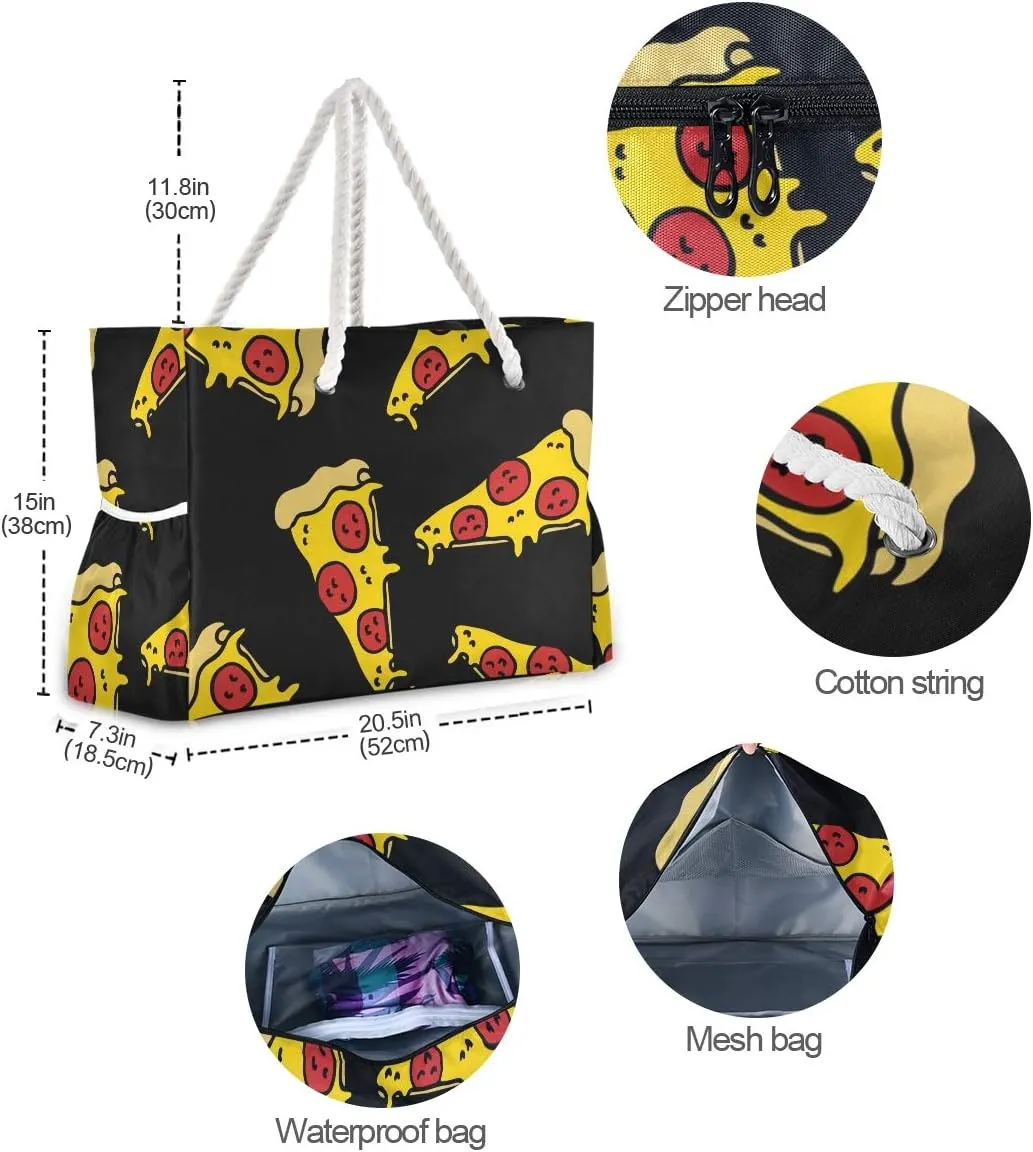 ALAZA Yellow Pizza Food Doodle Black Shoulder Tote Bags for Gym Travel Beach, Inner Pockets
