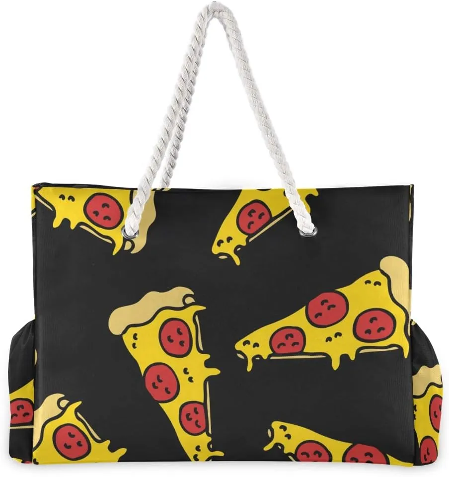 ALAZA Yellow Pizza Food Doodle Black Shoulder Tote Bags for Gym Travel Beach, Inner Pockets