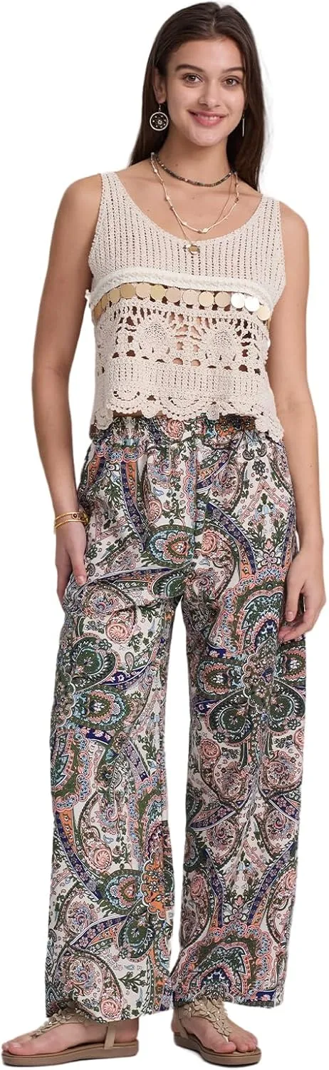 Alexis Leroy Women's Boho Palazzo Pants Summer Wide Leg Beach Trousers with Pockets Lightweight Floral Pattern