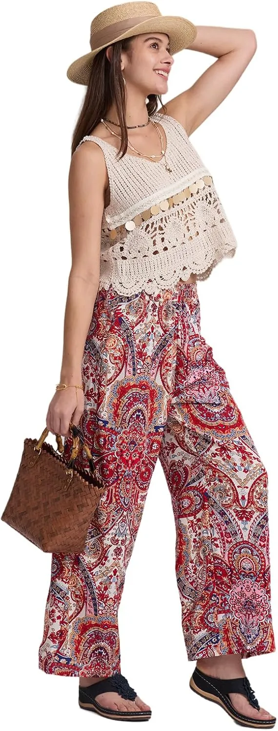 Alexis Leroy Women's Boho Palazzo Pants Summer Wide Leg Beach Trousers with Pockets Lightweight Floral Pattern