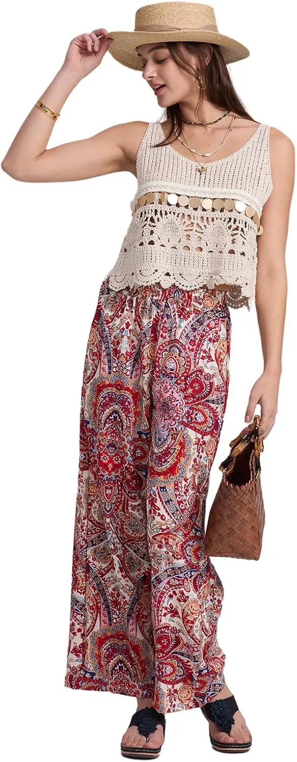 Alexis Leroy Women's Boho Palazzo Pants Summer Wide Leg Beach Trousers with Pockets Lightweight Floral Pattern