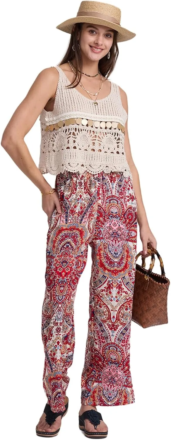 Alexis Leroy Women's Boho Palazzo Pants Summer Wide Leg Beach Trousers with Pockets Lightweight Floral Pattern