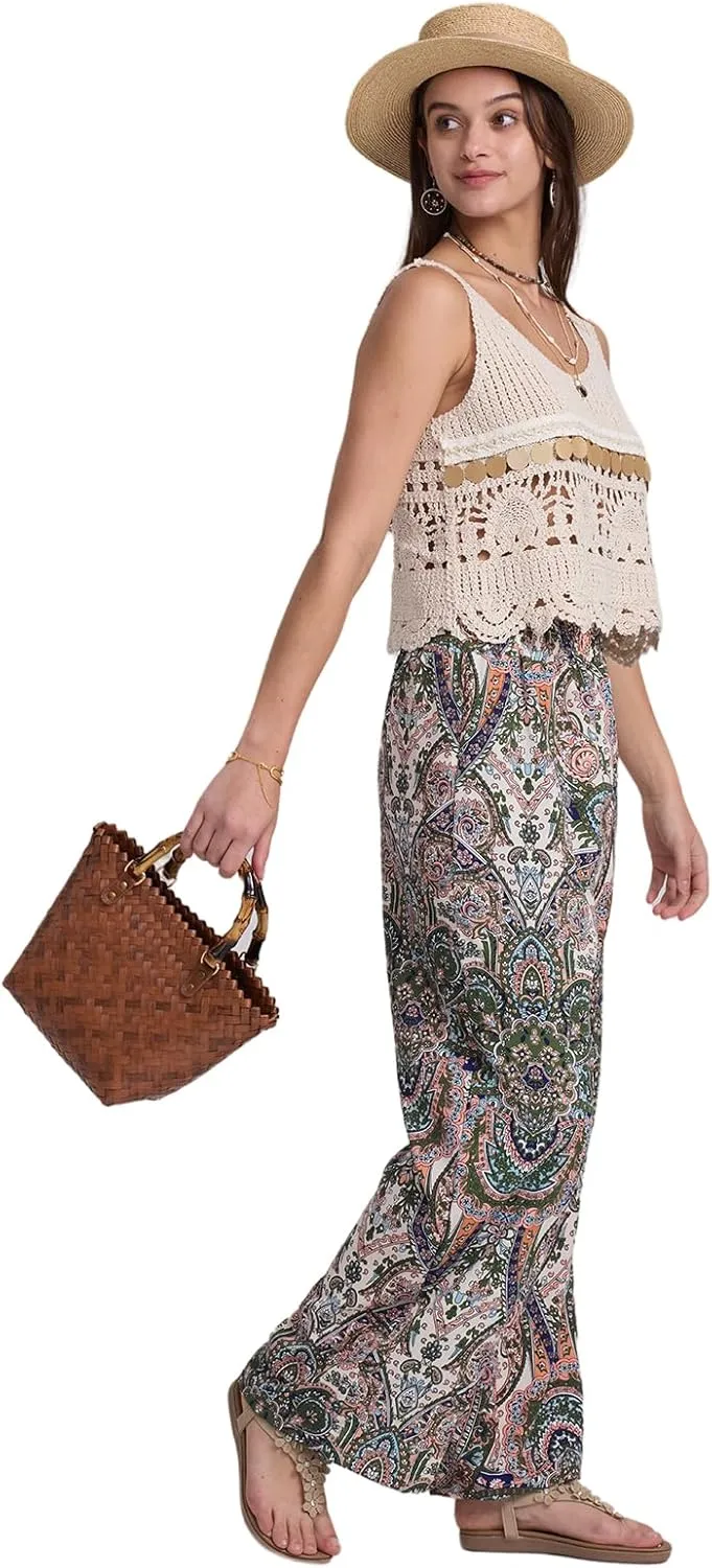 Alexis Leroy Women's Boho Palazzo Pants Summer Wide Leg Beach Trousers with Pockets Lightweight Floral Pattern