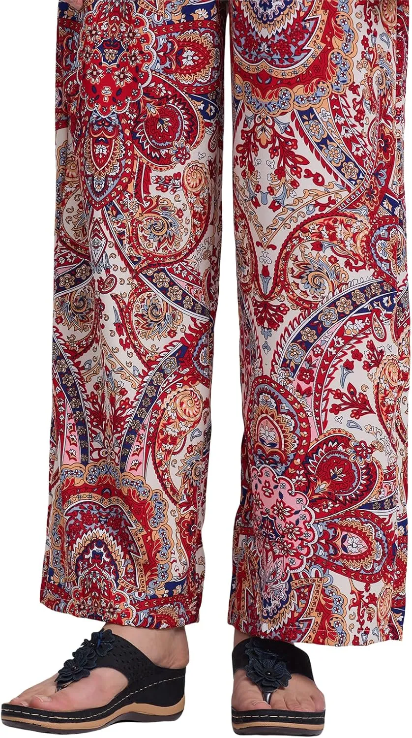 Alexis Leroy Women's Boho Palazzo Pants Summer Wide Leg Beach Trousers with Pockets Lightweight Floral Pattern