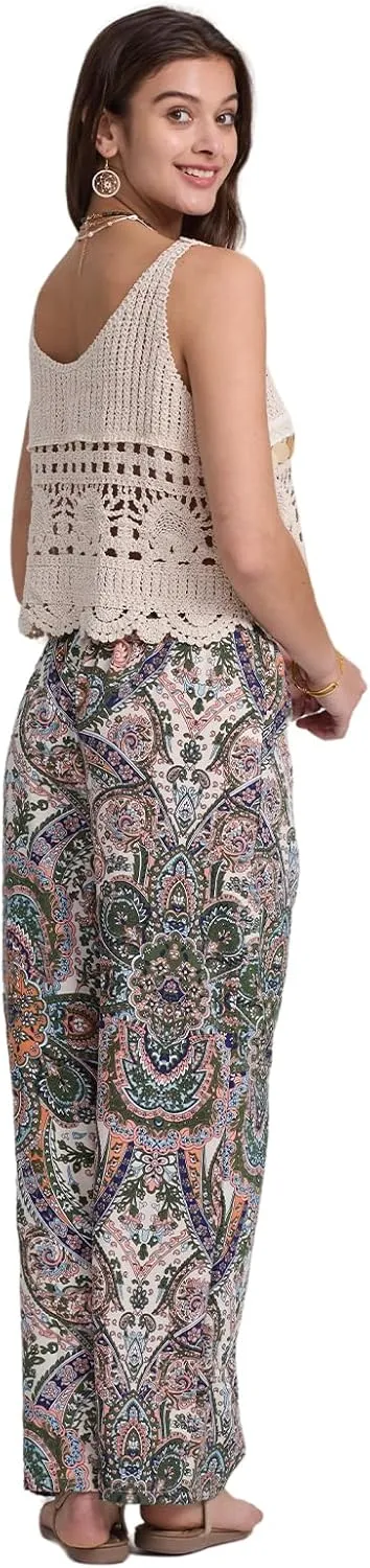 Alexis Leroy Women's Boho Palazzo Pants Summer Wide Leg Beach Trousers with Pockets Lightweight Floral Pattern