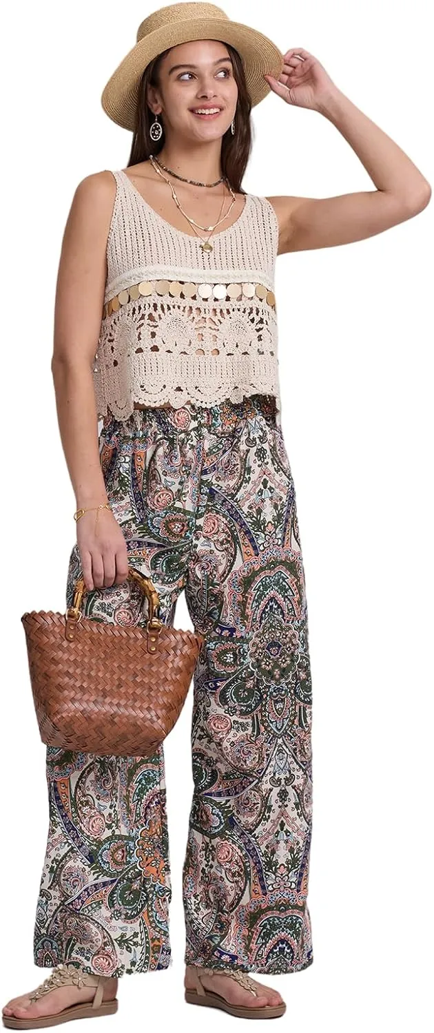 Alexis Leroy Women's Boho Palazzo Pants Summer Wide Leg Beach Trousers with Pockets Lightweight Floral Pattern