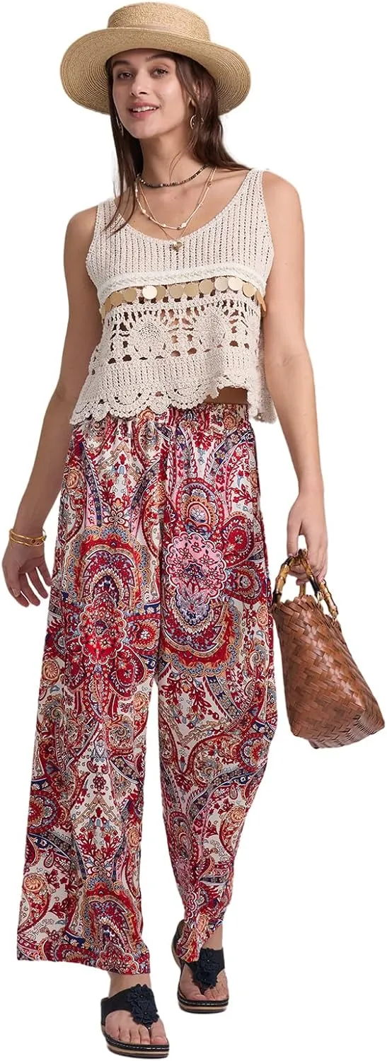 Alexis Leroy Women's Boho Palazzo Pants Summer Wide Leg Beach Trousers with Pockets Lightweight Floral Pattern