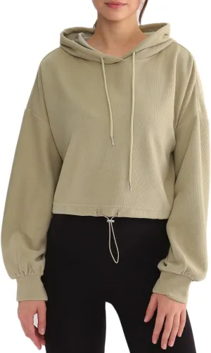 Amazhiyu Womens Cropped Hoodie Waffle Knit Drop Shoulder Drawstring Crop Top