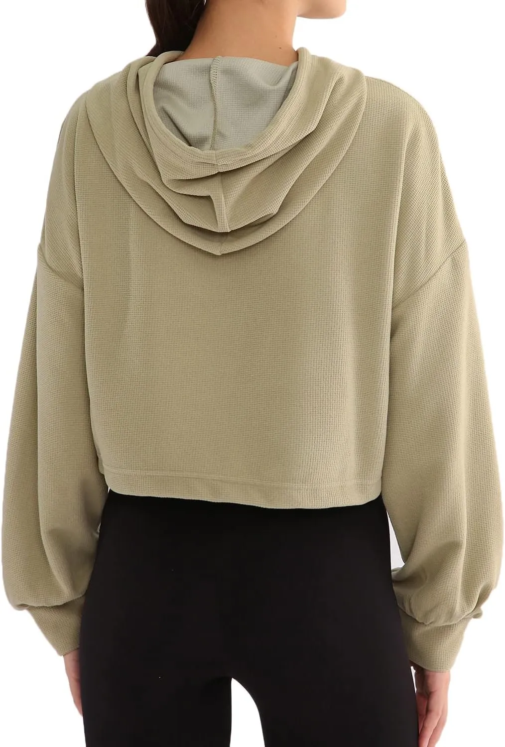 Amazhiyu Womens Cropped Hoodie Waffle Knit Drop Shoulder Drawstring Crop Top