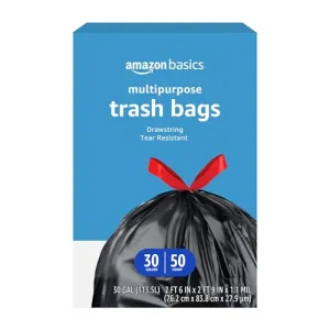 Amazon Basics Multipurpose Drawstring Trash Bags, 30 Gallon, 50 Count (Previously Solimo).