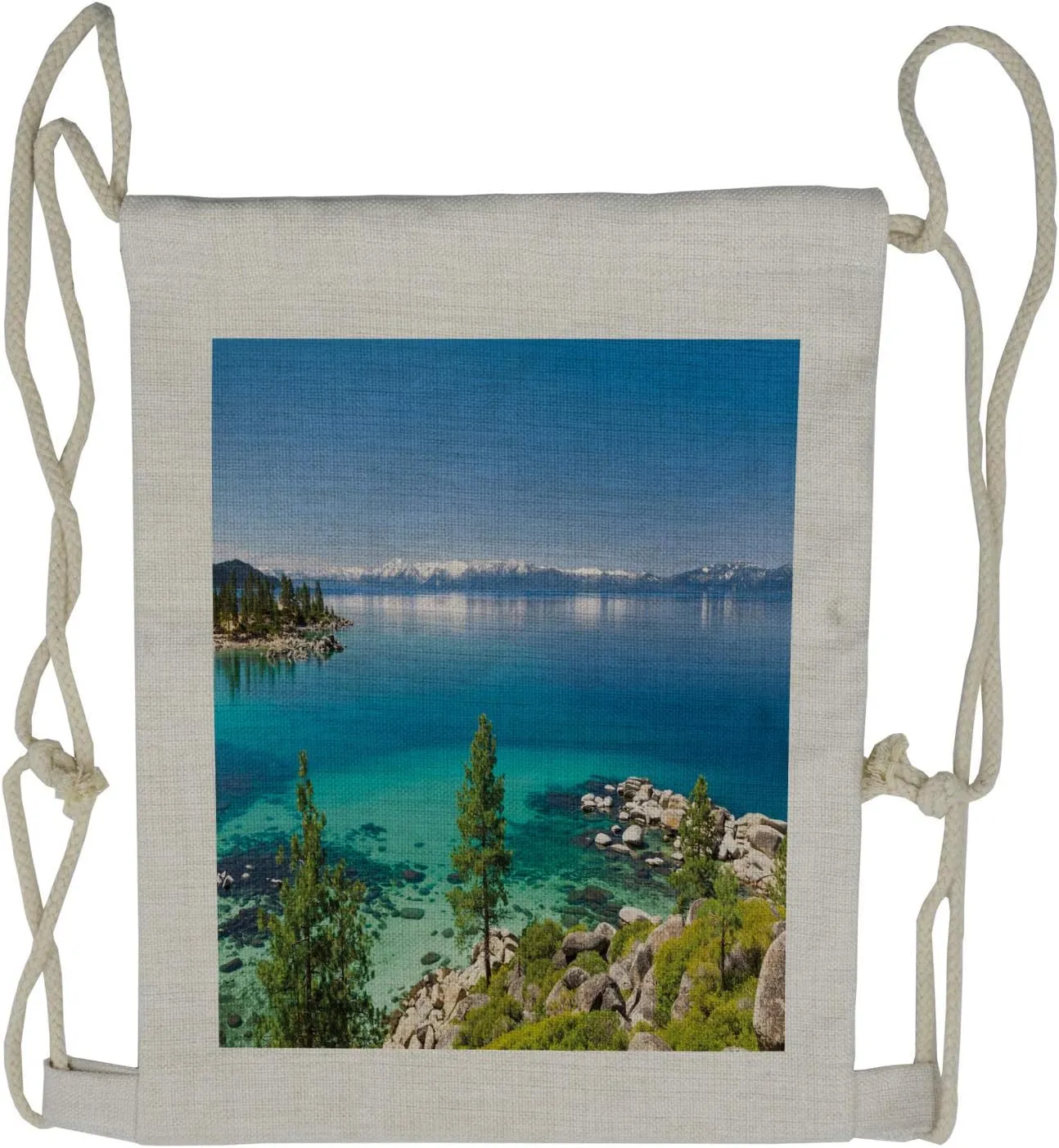 Ambesonne Blue Drawstring Backpack, Tranquil Tahoe Shoreline, Sackpack Bag