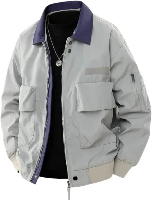 American Retro Large Pocket Aviator Jacket for Men,Loose Fit Lapel Casual Workwear Coat for Spring and Autumn