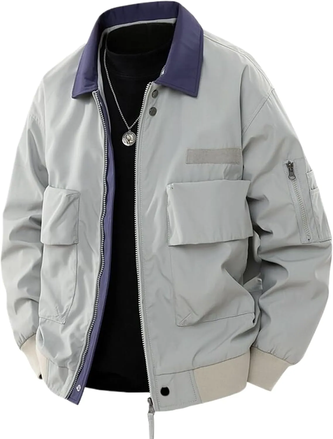 American Retro Large Pocket Aviator Jacket for Men,Loose Fit Lapel Casual Workwear Coat for Spring and Autumn