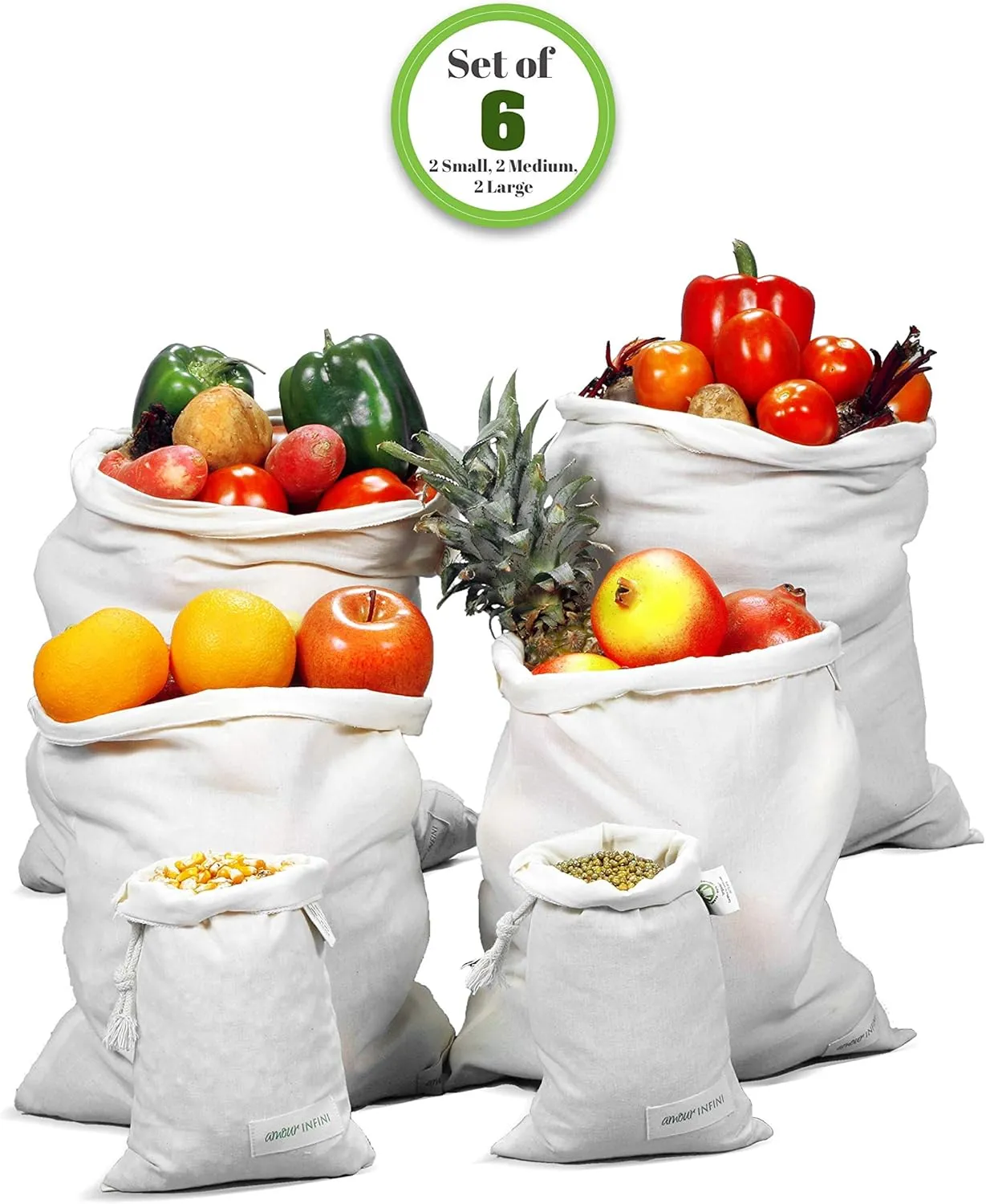 AMOUR INFINI Grocery Bags - Reusable Organic Cotton Food Safe Washable Produce Bags with Drawstrings - Set of 6 Muslin Bags for Shopping, Vegetables & Fruits Shopping Bag (2L - 2M - 2S)