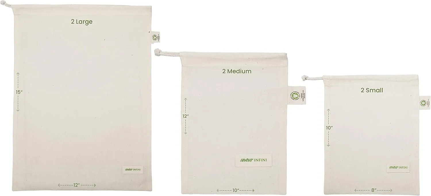 AMOUR INFINI Grocery Bags - Reusable Organic Cotton Food Safe Washable Produce Bags with Drawstrings - Set of 6 Muslin Bags for Shopping, Vegetables & Fruits Shopping Bag (2L - 2M - 2S)