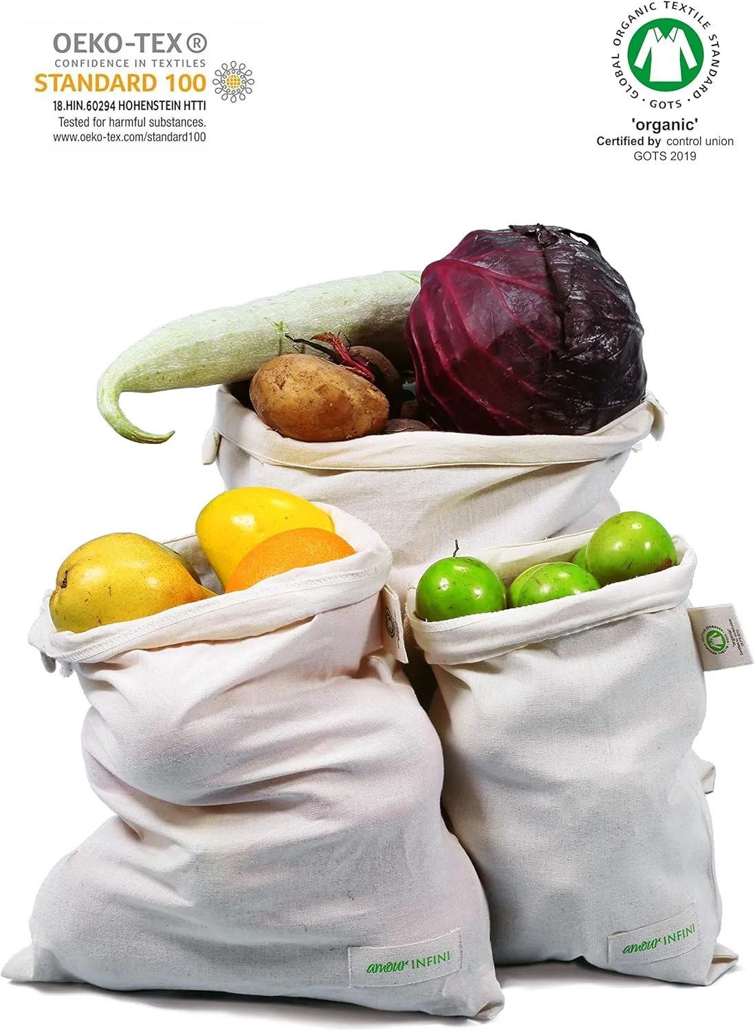 AMOUR INFINI Grocery Bags - Reusable Organic Cotton Food Safe Washable Produce Bags with Drawstrings - Set of 6 Muslin Bags for Shopping, Vegetables & Fruits Shopping Bag (2L - 2M - 2S)