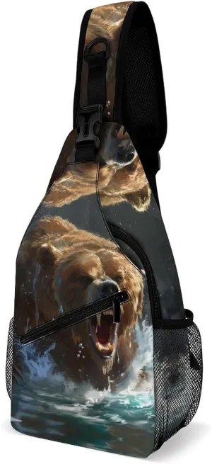 Angry Grizzly Bear Funny Crossbody Sling Bag Novelty Chest Bags Shoulder Backpack For Travel Hiking 15×8×4 Inches