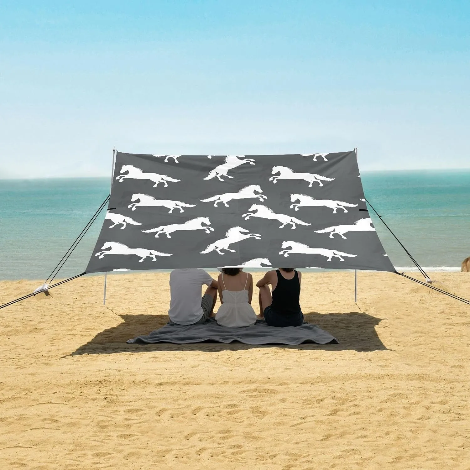 Animal Cartoon Horses Beach Canopy Tent Anti-UV & Wind Resistant, Camping Sun Shelter Easy Setup Portable,Outdoor Shade Tents with Sandbags,Sand Shovels,Ground Pegs & Stability Poles