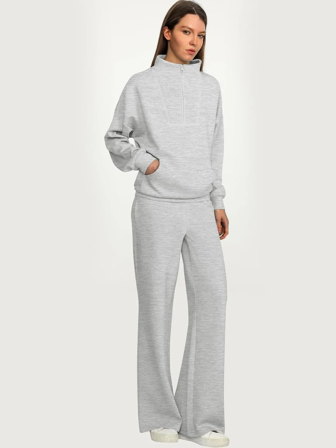ANRABESS Women 2 Piece Outfits Sweatsuit Quarter Zip Sweatshirt Wide Leg Sweatpants Matching Lounge Set Travel Tracksuit