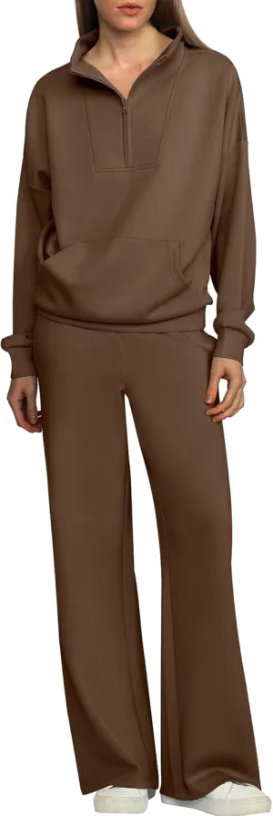 ANRABESS Women 2 Piece Outfits Sweatsuit Quarter Zip Sweatshirt Wide Leg Sweatpants Matching Lounge Set Travel Tracksuit