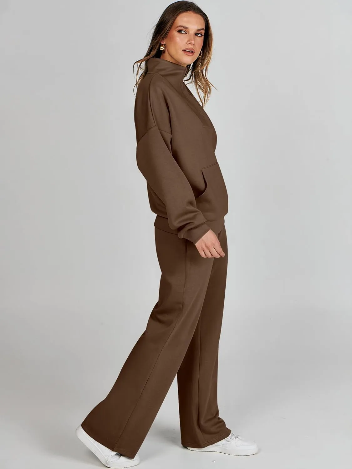 ANRABESS Women 2 Piece Outfits Sweatsuit Quarter Zip Sweatshirt Wide Leg Sweatpants Matching Lounge Set Travel Tracksuit