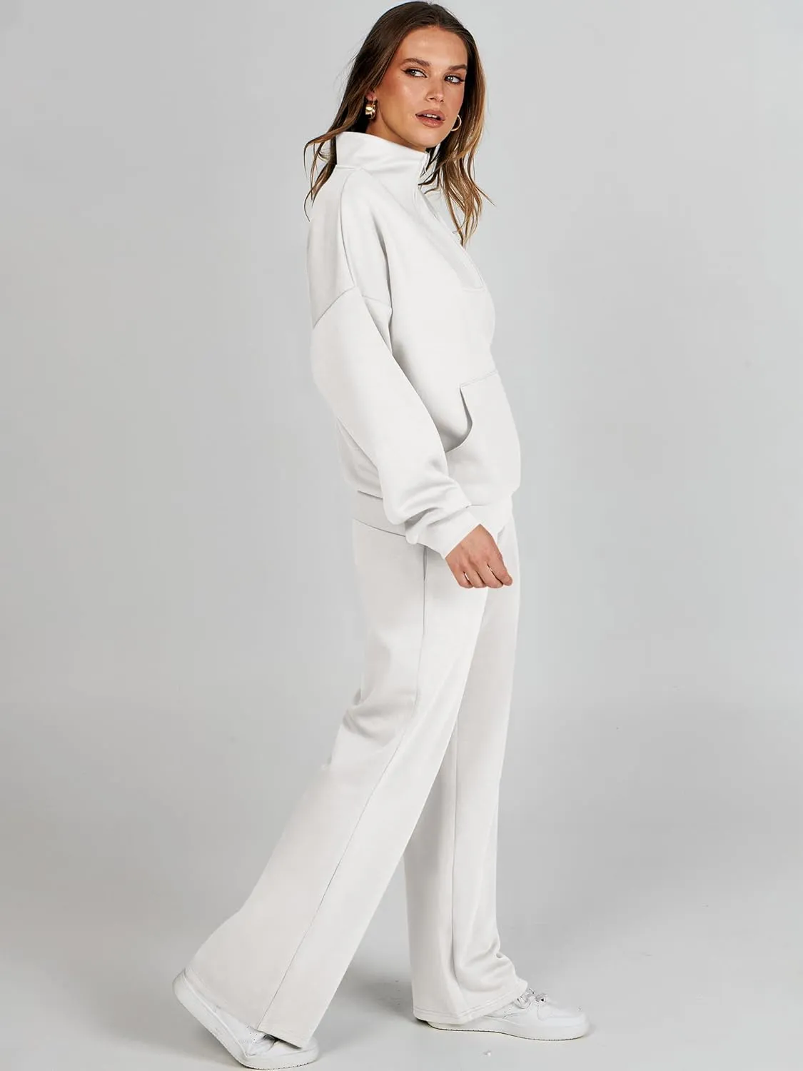ANRABESS Women 2 Piece Outfits Sweatsuit Quarter Zip Sweatshirt Wide Leg Sweatpants Matching Lounge Set Travel Tracksuit