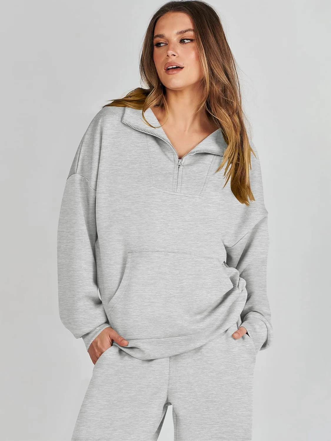 ANRABESS Women 2 Piece Outfits Sweatsuit Quarter Zip Sweatshirt Wide Leg Sweatpants Matching Lounge Set Travel Tracksuit