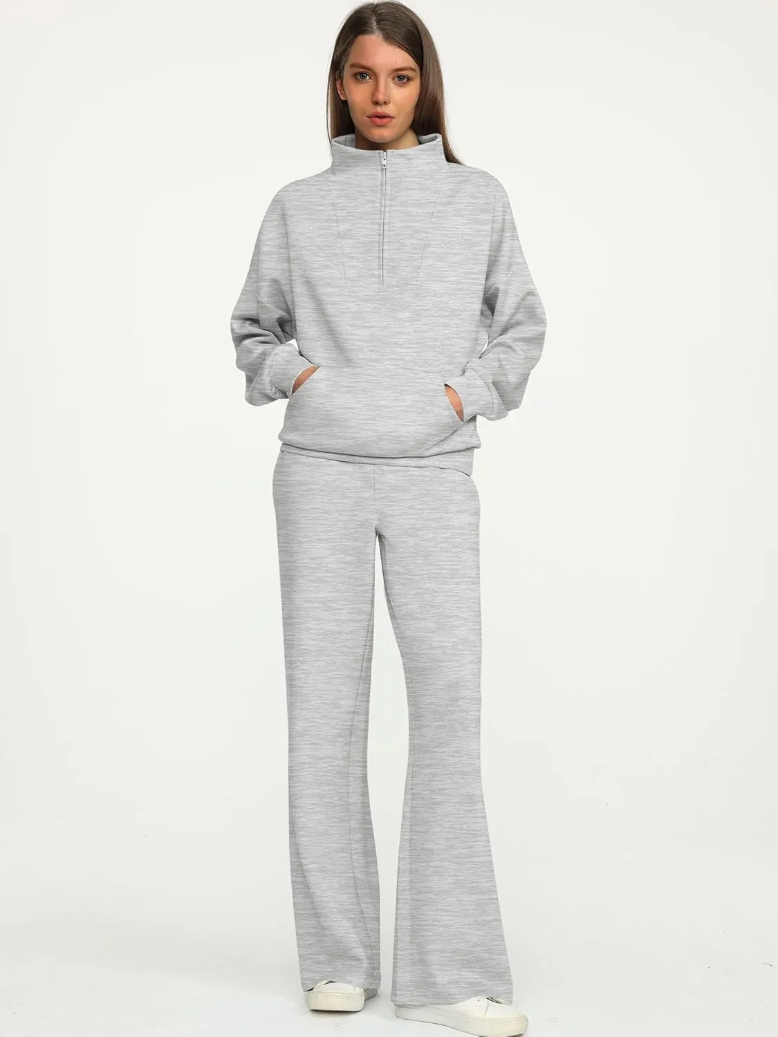 ANRABESS Women 2 Piece Outfits Sweatsuit Quarter Zip Sweatshirt Wide Leg Sweatpants Matching Lounge Set Travel Tracksuit