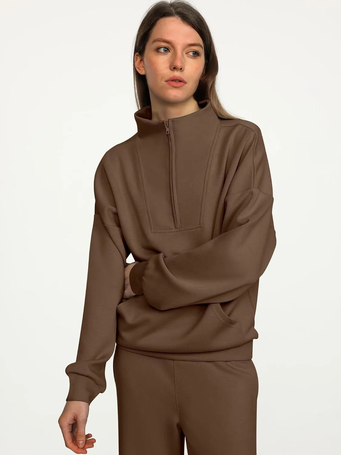 ANRABESS Women 2 Piece Outfits Sweatsuit Quarter Zip Sweatshirt Wide Leg Sweatpants Matching Lounge Set Travel Tracksuit