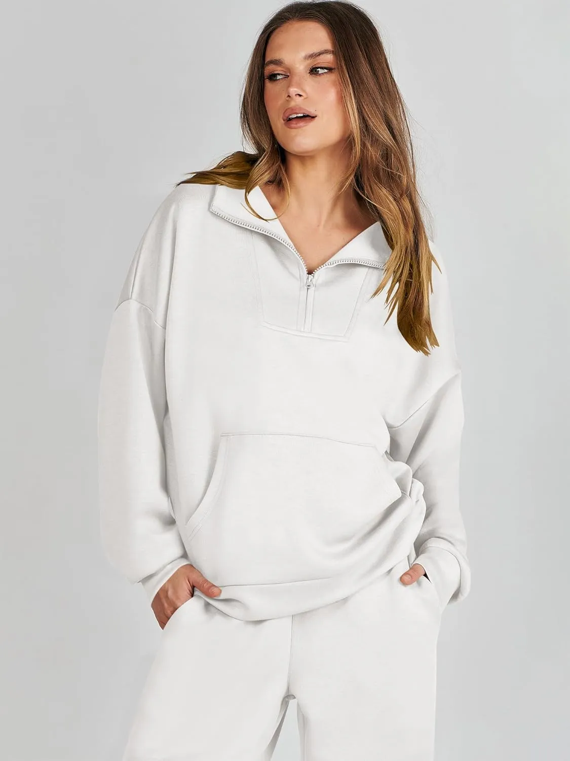 ANRABESS Women 2 Piece Outfits Sweatsuit Quarter Zip Sweatshirt Wide Leg Sweatpants Matching Lounge Set Travel Tracksuit