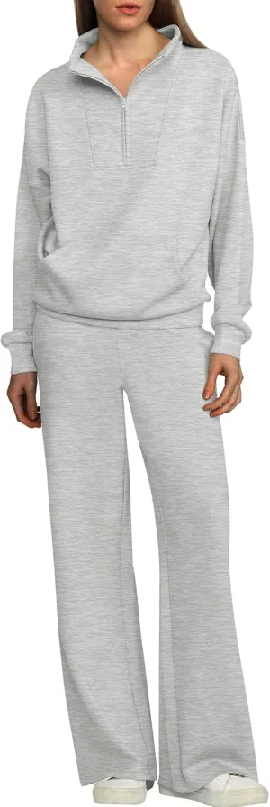 ANRABESS Women 2 Piece Outfits Sweatsuit Quarter Zip Sweatshirt Wide Leg Sweatpants Matching Lounge Set Travel Tracksuit