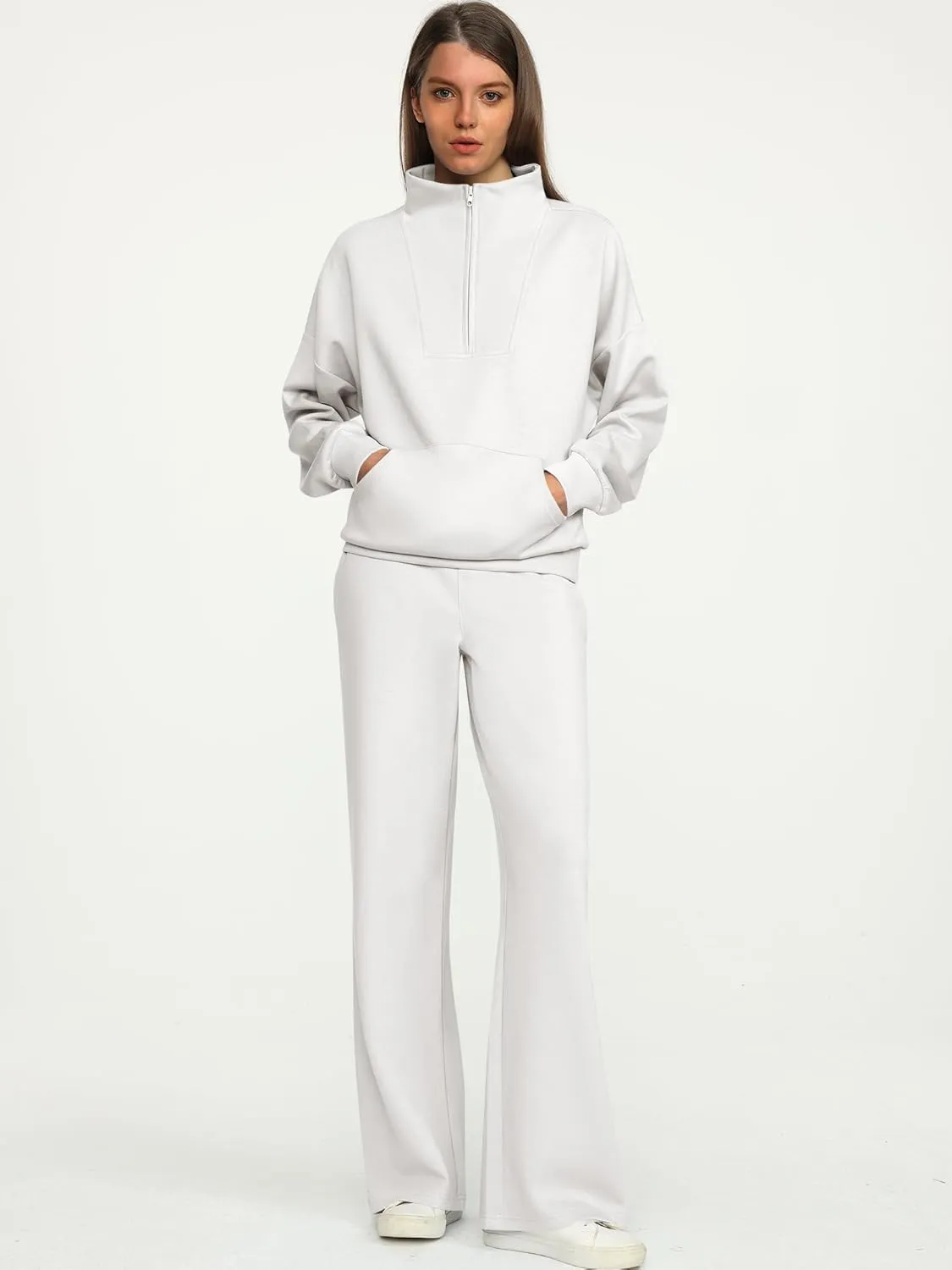ANRABESS Women 2 Piece Outfits Sweatsuit Quarter Zip Sweatshirt Wide Leg Sweatpants Matching Lounge Set Travel Tracksuit