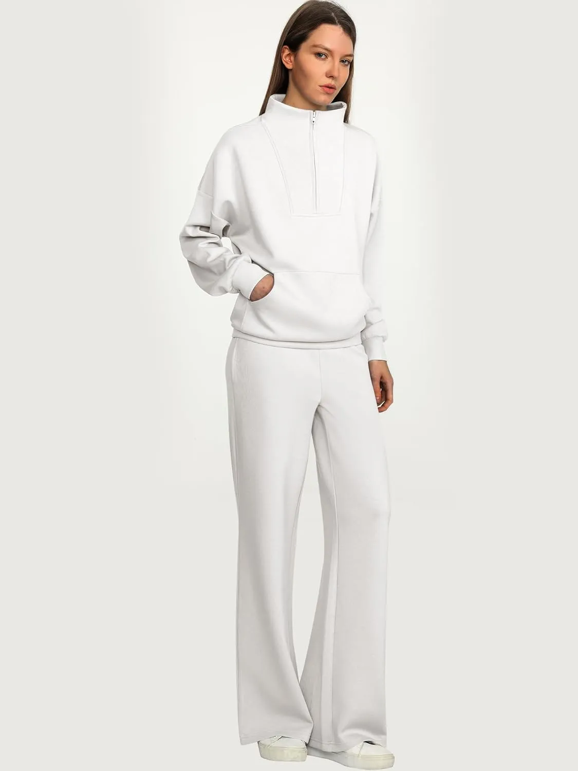 ANRABESS Women 2 Piece Outfits Sweatsuit Quarter Zip Sweatshirt Wide Leg Sweatpants Matching Lounge Set Travel Tracksuit