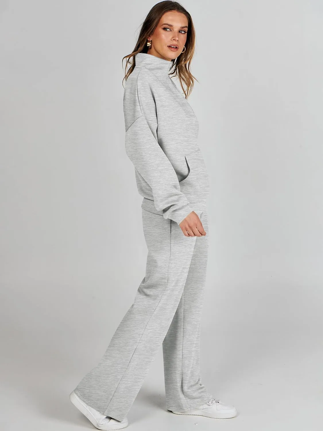 ANRABESS Women 2 Piece Outfits Sweatsuit Quarter Zip Sweatshirt Wide Leg Sweatpants Matching Lounge Set Travel Tracksuit