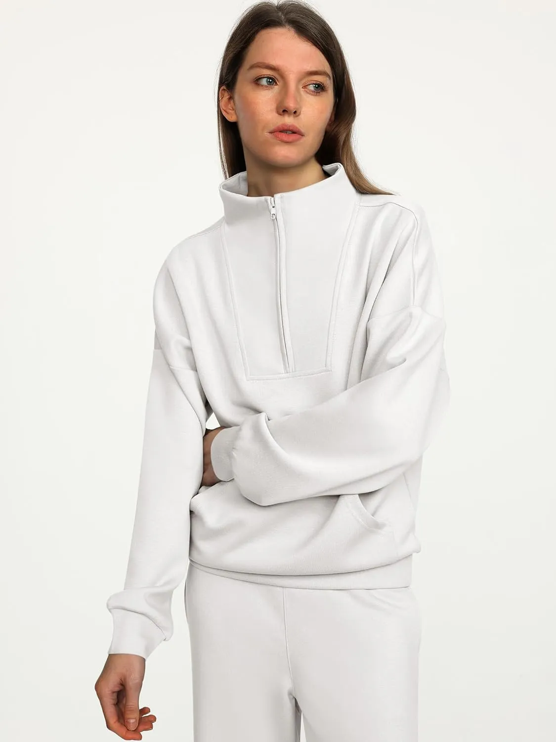 ANRABESS Women 2 Piece Outfits Sweatsuit Quarter Zip Sweatshirt Wide Leg Sweatpants Matching Lounge Set Travel Tracksuit