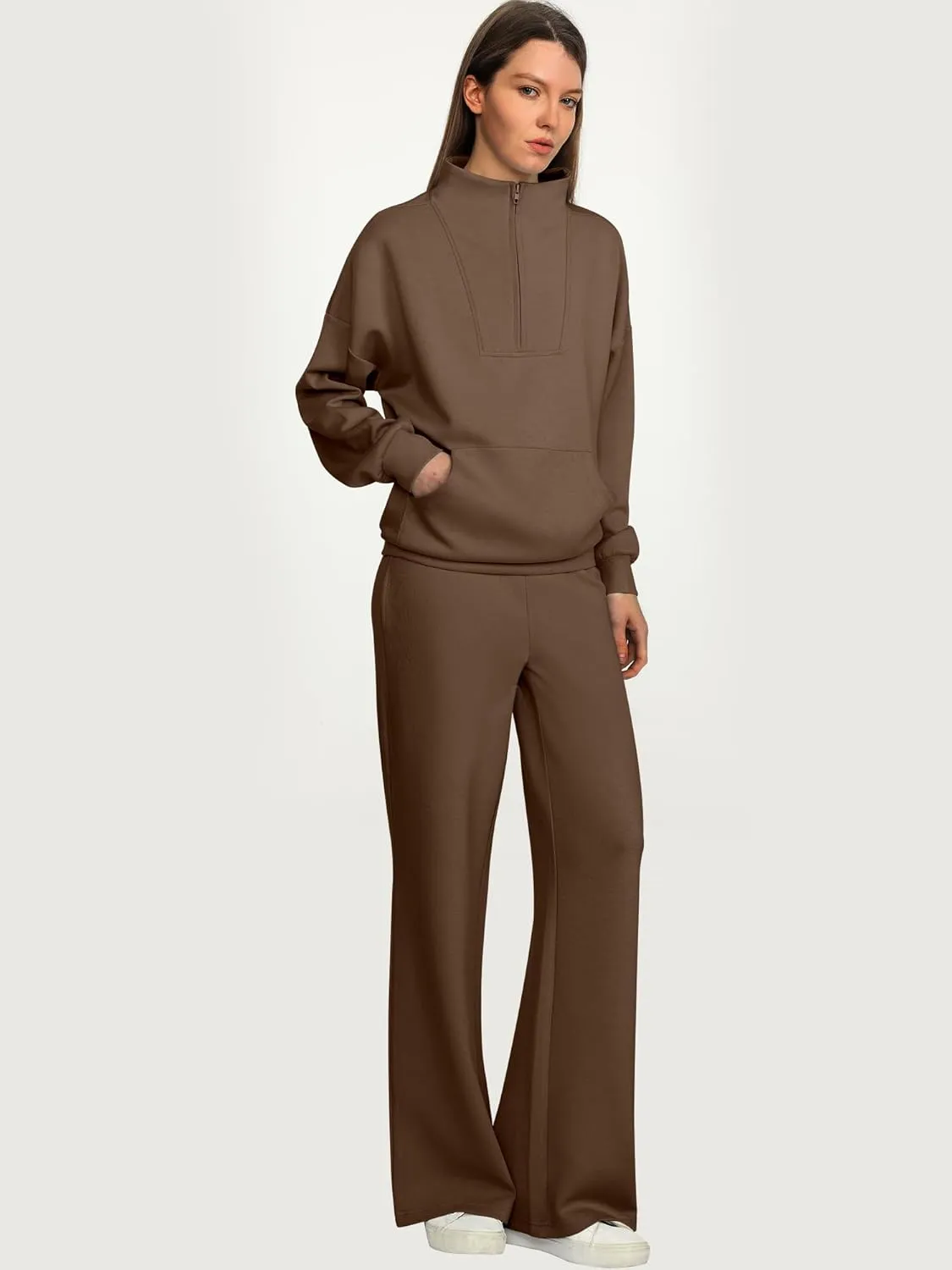 ANRABESS Women 2 Piece Outfits Sweatsuit Quarter Zip Sweatshirt Wide Leg Sweatpants Matching Lounge Set Travel Tracksuit